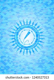 microphone icon inside sky blue emblem. Mosaic background
