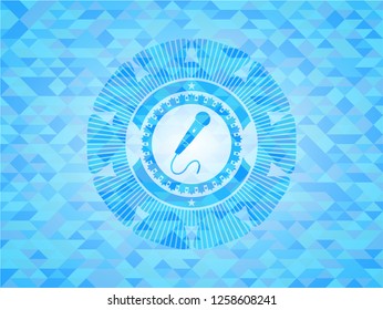 microphone icon inside sky blue emblem with mosaic ecological style background