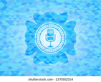 microphone icon inside sky blue emblem with mosaic ecological style background