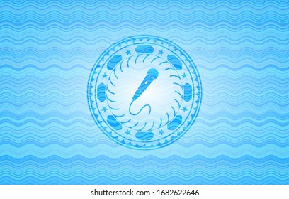 microphone icon inside sky blue water emblem.