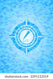 microphone icon inside sky blue mosaic emblem. 