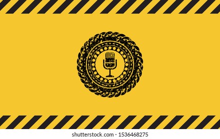 microphone icon inside warning sign, black grunge emblem. Vector Illustration. Detailed.
