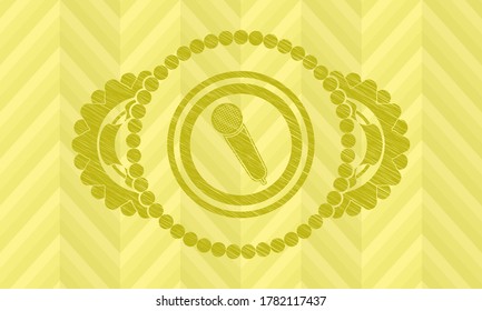 microphone icon inside Yellow stroke badge. Lemon fashionable background. Vector illustration. 