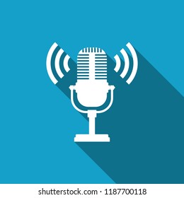 Microphone icon isolated with long shadow. On air radio mic microphone. Speaker sign. Flat design. Vector Illustration
