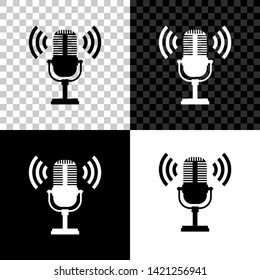 Microphone icon isolated on black, white and transparent background. On air radio mic microphone. Speaker sign. Vector Illustration