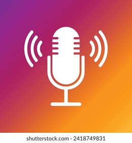 The microphone icon isolated on a colorful abstract background. Logo, application, user interface. Trendy Podcast radio icon. Studio microphone table broadcast. Recording Studio. Voice vector icon. 
