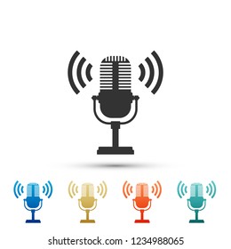 Microphone icon isolated on white background. On air radio mic microphone. Speaker sign. Set elements in colored icons. Flat design. Vector Illustration