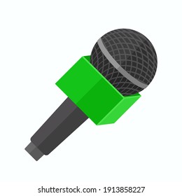 Icono de micrófono aislado en fondo blanco. Noticias, entrevista o pictograma de transmisión en vivo. Ilustración vectorial, diseño plano, estilo de dibujos animados.