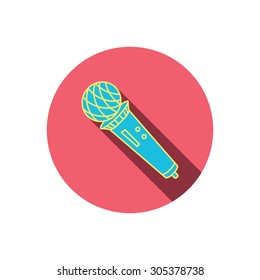 Microphone icon. Karaoke or radio sign. Red flat circle button. Linear icon with shadow. Vector