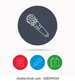 Microphone icon. Karaoke or radio sign. Calendar, pencil or edit and document file signs. Vector