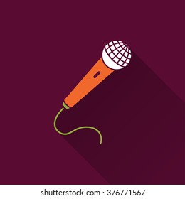 Microphone icon with long shadow, flat design. Vector illustration.