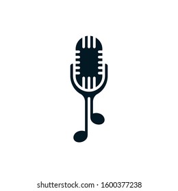 Microphone icon with music notes. Abstract sound recording musical logo template.