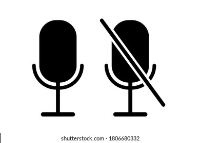 Icono de micrófono. Botón Silenciar. Símbolo de grabación de voz. Micrófono cruzado. Ilustración vectorial.