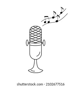 Icono de micrófono y esquema de notas. Mic clásico de estilo simple aislado en fondo blanco. Símbolo de música o podcast