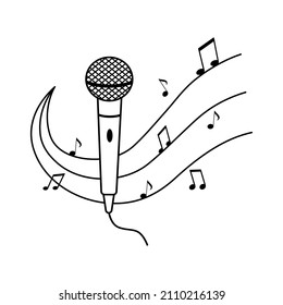 Icono de micrófono y ilustración de contorno de notas. Mic clásico de estilo simple aislado en fondo blanco. Símbolo musical o cantante