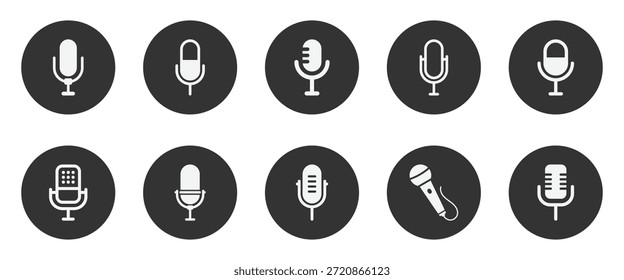 Ícone de microfone no plano de fundo preto. Ícone de microfone definido. Coleção de microfones diferente. ícone vetor do podcast. Ícone de vetor de voz, Sinal de registro.