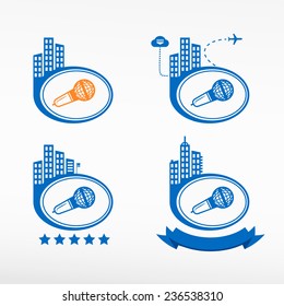 Microphone icon on city background. Cityscape illustration set.   
