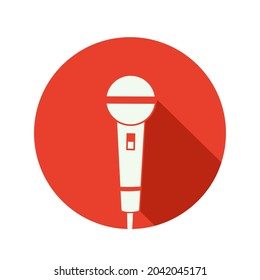 Microphone icon on red background with shadow. Mic silhouette. Music, voice, record icon. Recording studio symbol. Flat style vector illustration.