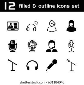 Microphone icon. set of 12 microphone filled and outline icons such as customer support, tv speaker, headset, support