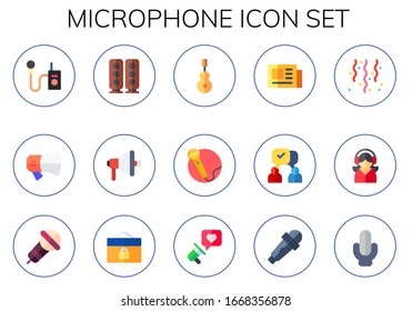 conjunto de iconos del micrófono. 15 iconos planos de micrófono.  Iconos modernos sencillos, como: megáfono, altavoz, instrumento, canto, noticias, comunicación, confetti, auriculares, evento, karaoke