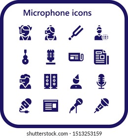 microphone icon set. 16 filled microphone icons.  Simple modern icons about  - Call center, Tuning, News reporter, Instrument, Microphone, Newspaper, Speakers, Birthday