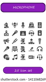 microphone icon set. 25 filled microphone icons.  Simple modern icons about  - Call center, Microphone, Music album, Speaker, Press, Birthday, Headphones, Communication, Diapason