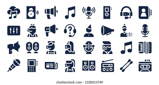 microphone icon set. 32 filled microphone icons. on blue background style Simple modern icons about  - Music, DJ, Loudspeaker, Microphone, Speaker, Call center, Dictaphone, Communication