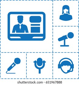 Microphone icon. set of 6 microphone filled icons such as customer support, tv speaker, operator