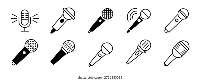 Conjunto de iconos de micrófono. Colección de signo de ilustración de audio. Iconos multimedia y web en estilo de línea.
