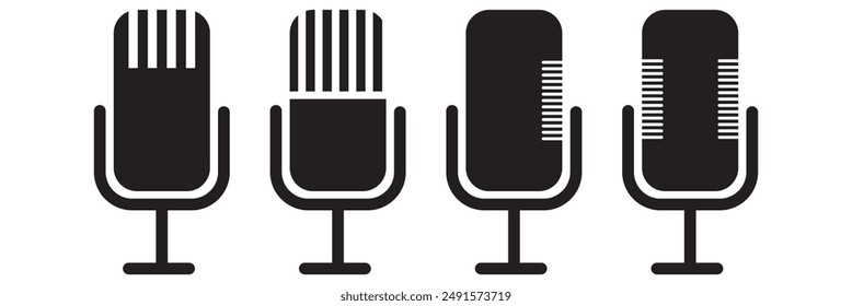 Microphone icon set. audio speech podcast mic vector symbol. thin line microphone pictogram. voice record mike icon in black filled. Vector illustration.