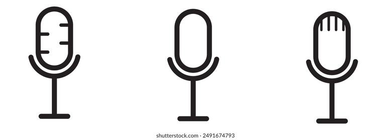 Microphone icon set. audio speech podcast mic vector symbol. thin line microphone pictogram. voice record mike icon in black filled and outlined style.
