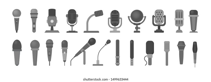 Microphone icon set. Audio technology, musical record symbol. Sound studio sign. Isolated vector illustration in flat style