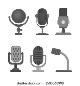 Microphone icon set. Audio technology, musical record symbol. Sound studio sign. Isolated vector illustration in flat style