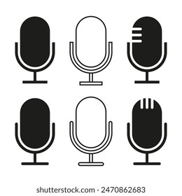 Conjunto de iconos de micrófono. Diseño en blanco y negro. Diferentes estilos de micrófono. Ilustración vectorial.