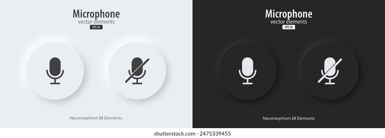 Icono de micrófono. Conjunto de Botones redondos en blanco y negro con un micrófono encendido y apagado. Icono 3d en estilo neumórfico de moda para App, Sitios web e interfaces.  Elemento UX UI. Ilustración vectorial.