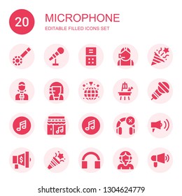 microphone icon set. Collection of 20 filled microphone icons included Banjo, Microphone, Voice recorder, Call center, Confetti, News reporter, Disco, Easel, Music, Headphone