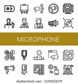 microphone icon set. Collection of Cds, Singer, Easel, Politician, Announce, Receptionist, Megaphone, News, Microphone, Podium, Newspaper, Loudspeaker, Communication, Cd icons