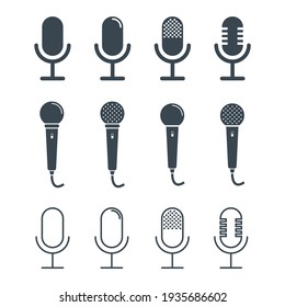 Microphone icon set. Collection of high quality outline audio pictograms in modern flat style. Black music symbol for web design and mobile app on white background. Speaker line logo.