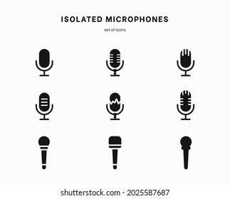 Juego de iconos de micrófono. Colección de pictogramas de alta calidad de sonido de contorno en estilo plano moderno. Símbolo de música negra para diseño web y aplicación móvil sobre fondo blanco. Logo de la línea del altavoz. Equipo de micrófono
