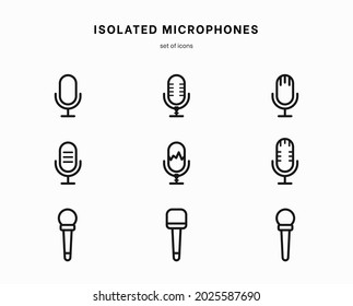 Juego de iconos de micrófono. Colección de pictogramas de alta calidad de sonido de contorno en estilo plano moderno. Símbolo de música negra para diseño web y aplicación móvil sobre fondo blanco. Logo de la línea del altavoz. Equipo de micrófono