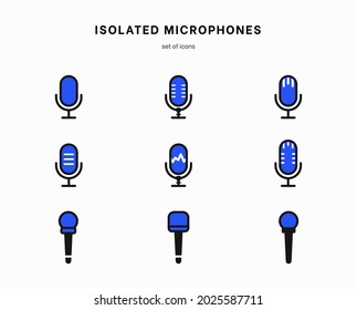 Microphone icon set. Collection of high quality outline audio pictograms in modern flat style. Black music symbol for web design and mobile app on white background. Speaker line logo. Microphone set
