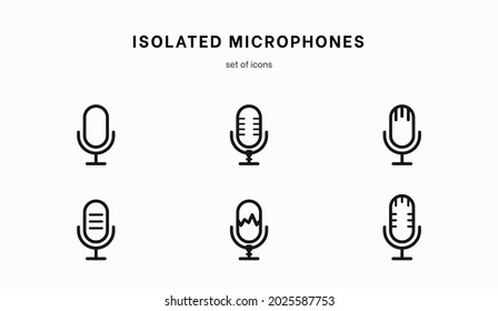 Juego de iconos de micrófono. Colección de pictogramas de alta calidad de sonido de contorno en estilo plano moderno. Símbolo de música negra para diseño web y aplicación móvil sobre fondo blanco. Logo de la línea del altavoz. Equipo de micrófono