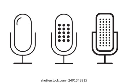 Microphone icon set. Collection of high quality outline audio pictograms in modern flat style. Black music symbol for web design and mobile app on white background. Speaker line logo.