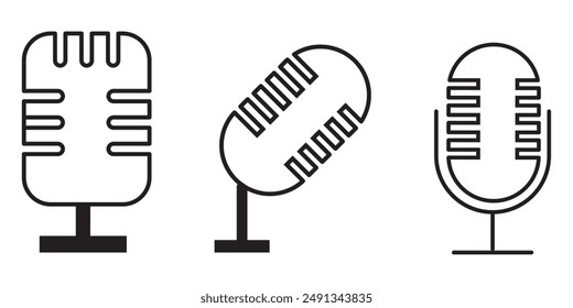 Microphone icon set. Collection of high quality outline audio pictograms in modern flat style. Black music symbol for web design and mobile app on white background. Speaker line logo.