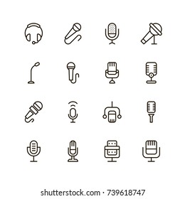 Conjunto de iconos de micrófono. Colección de pictogramas de alta calidad en estilo plano moderno. Símbolo de música negra para diseño web y aplicación móvil sobre fondo blanco. Logo de la línea del altavoz.