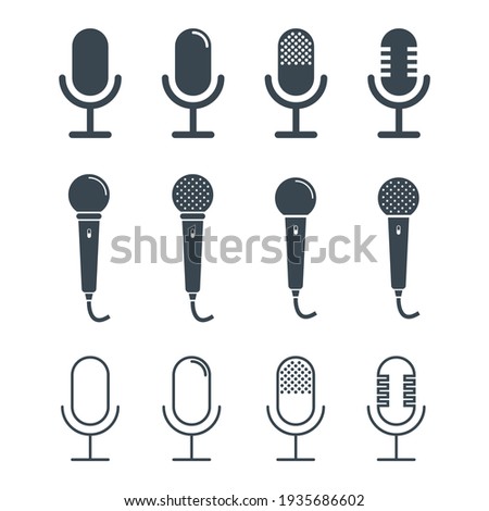 Microphone icon set. Collection of high quality outline audio pictograms in modern flat style. Black music symbol for web design and mobile app on white background. Speaker line logo.