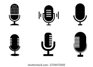 Colección de conjunto de iconos de micrófono. Símbolos de transmisión de podcast y radio. Grabación de voz y diseño de comunicación de audio. Estilo de silueta minimalista negro