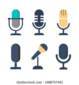 Microphone icon set. Collection of the sound record equipment. Karaoke and vocal button. Isolated vector illustration in flat style