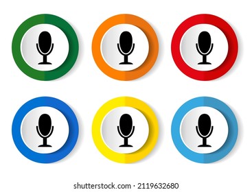 Conjunto de iconos de micrófono, ilustraciones de vector de diseño plano coloridas en 6 opciones para diseño web y aplicaciones móviles.