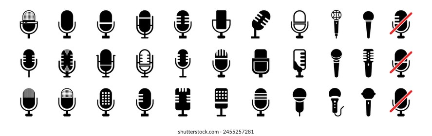 Microphone icon set. Different microphone collection. Podcast mike, journalist microphone, karaoke, conference. 